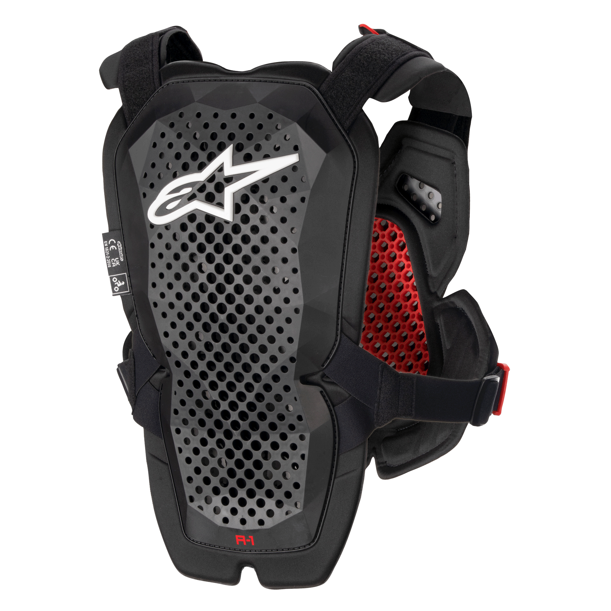 Alpinestars A-1 Pro Chest Protector, Anthracite Black and Red, rear view showing the back protector panel, perforated Polyhedron Technology for ventilation, white Astars logo, red interior honeycomb padding, off-road motorcycle protection gear