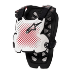 Alpinestars A-1 Pro Chest Protector, bröstskydd för motocross, vit, svart och röd, med perforerad ventilation och röd insida, svart stjärnlogotyp, justerbara svarta remmar, lätt skyddsvaddering för terrängkörning