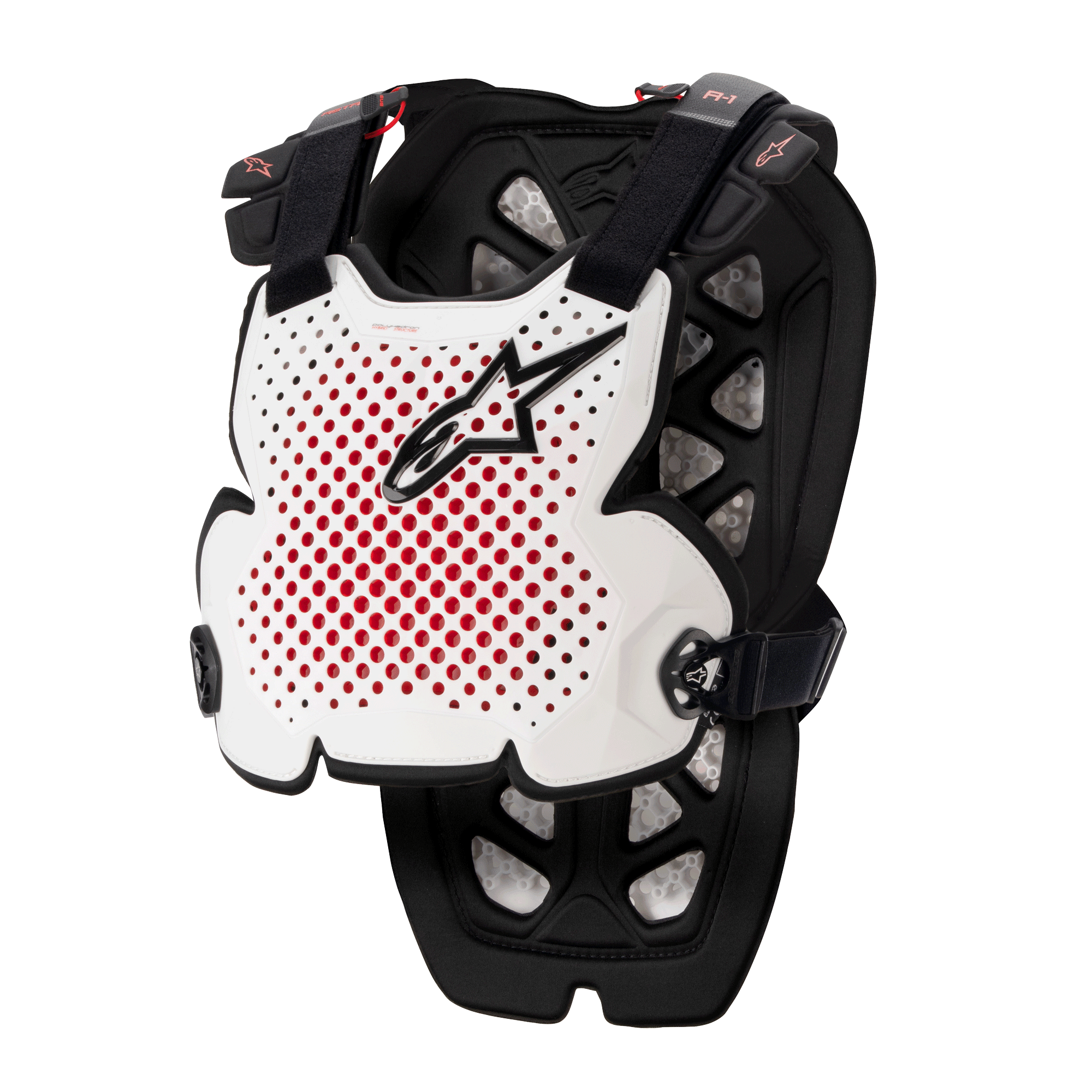 Alpinestars A-1 Pro Chest Protector, Motocross Body Armor, White Black and Red, featuring perforated ventilation with red interior, black star logo, adjustable black straps, lightweight protective padding for off-road racing