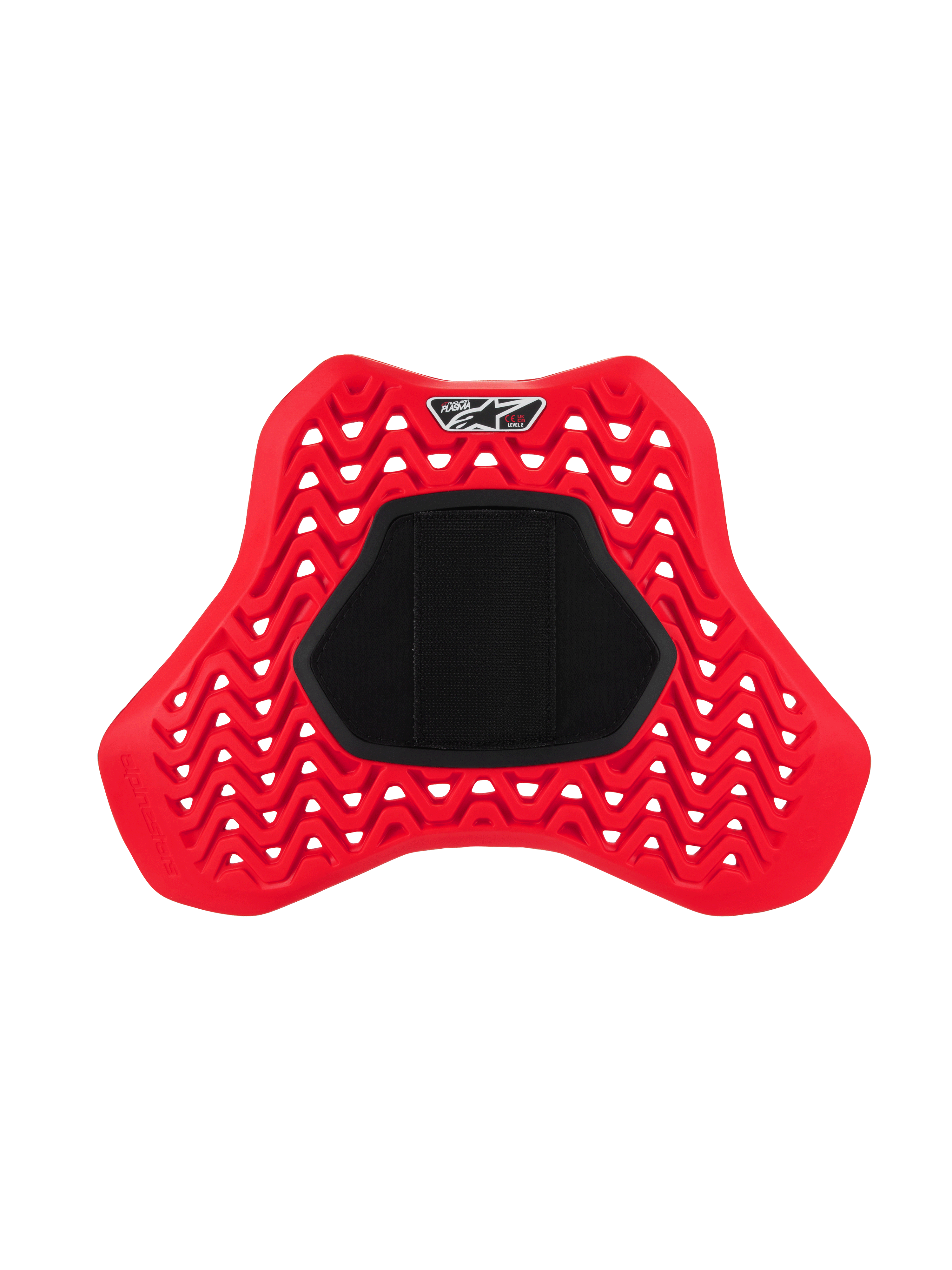 Alpinestars Nucleon Plasma Full Chest Protector Hook and Loop, röd och svart, med en perforerad zigzag-design för luftflöde, stor svart central kardborrepanel, ergonomiskt sköldformat bröstskyddsinlägg för motorcykel för stötskydd