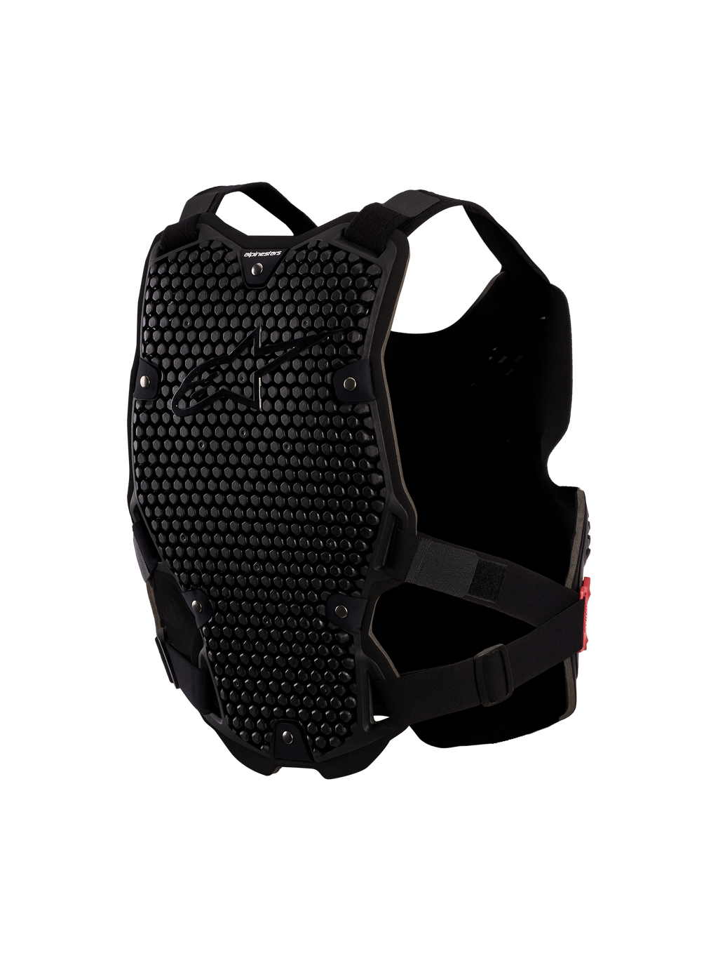 Alpinestars Bionic Action V2 bröstskydd, svart motocross-bröstskydd med ventilerade A-Morph bikakepaneler för terrängkörning.
