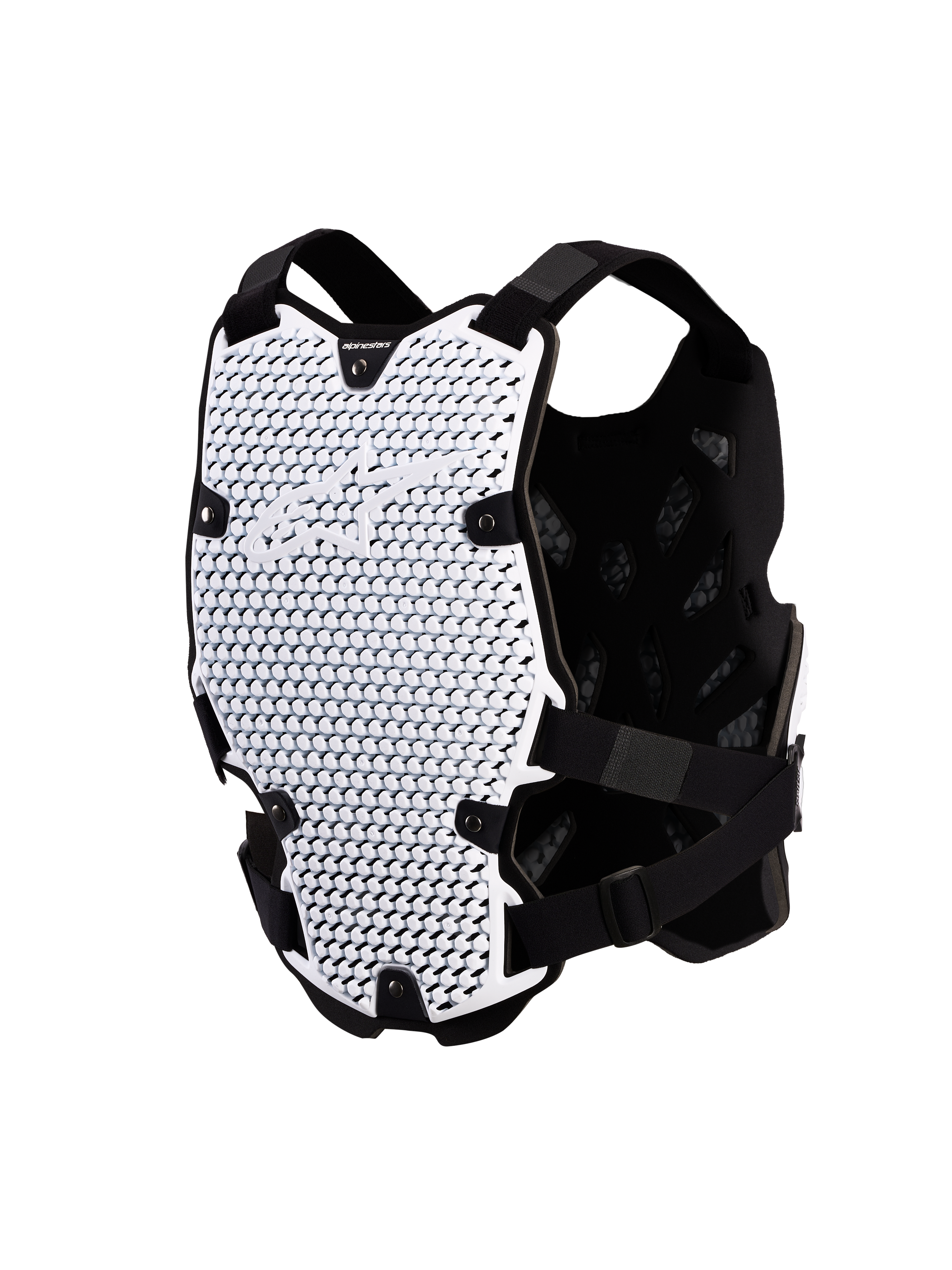 Alpinestars Bionic Action bröstskydd, vitt och svart motocross-skydd, CE-nivå 1 med ventilerande A-Morph-teknologi.