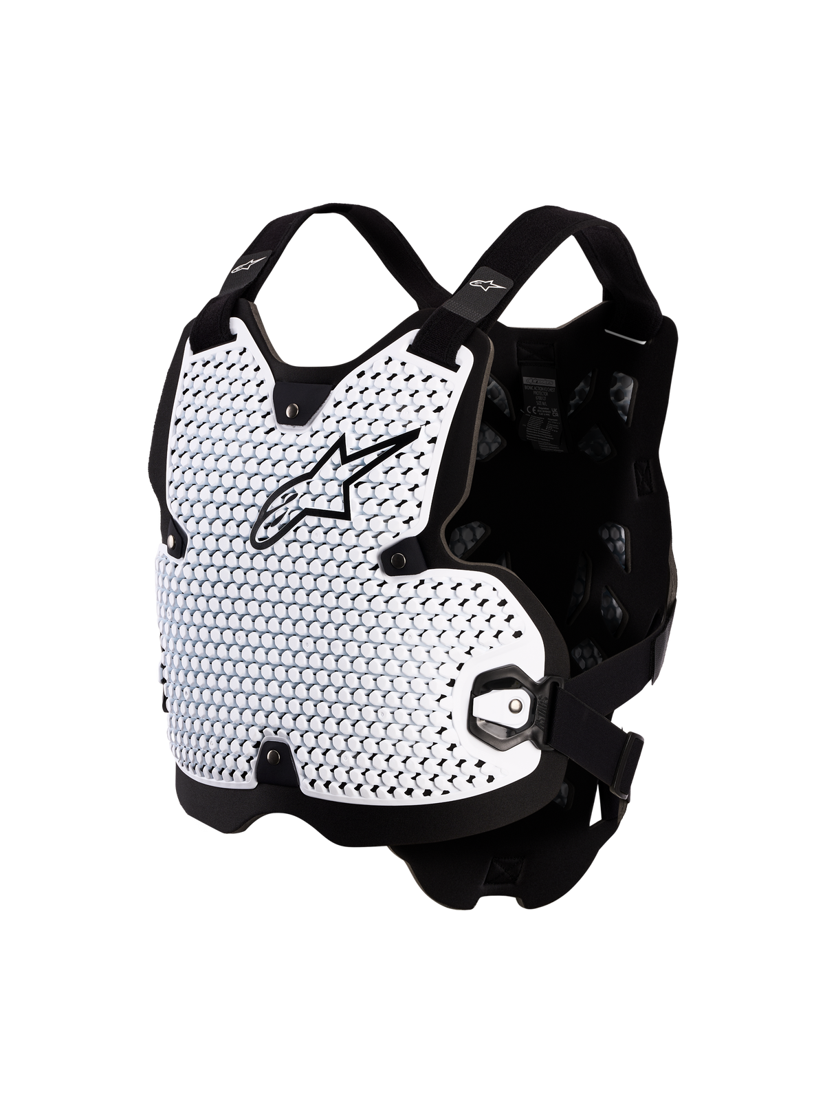 Alpinestars Bionic Action bröstskydd för motocross, vit och svart, CE-certifierat med ventilerande A-Morph Technology.