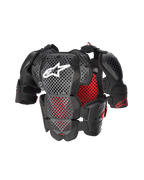 Alpinestars A-10 V2 fullt bröstskydd, motocross kroppsskydd, svart och röd, med perforerade bröst- och axelplattor, rött bikakefoder och vit Alpinestars-logotyp på bröstet