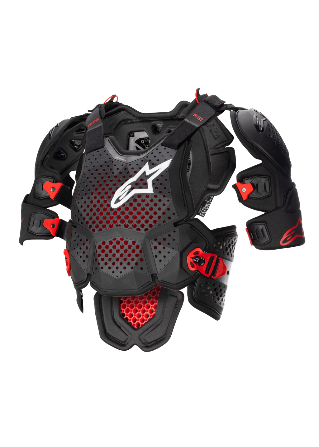 Alpinestars A-10 V2 fullt bröstskydd, motocross kroppsskydd i svart och rött, med perforerad bröstplatta, vit Alpinestars-logotyp, justerbara axelskydd och CE-certifiering
