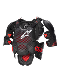 Alpinestars A-10 V2 fullt bröstskydd, motocross kroppsskydd i svart och rött, med perforerad bröstplatta, vit Alpinestars-logotyp, justerbara axelskydd och CE-certifiering