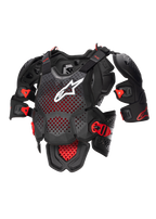 Alpinestars A-10 V2 fullt bröstskydd, motocross kroppsskydd i svart och rött, med perforerad bröstplatta, vit Alpinestars-logotyp, justerbara axelskydd och CE-certifiering