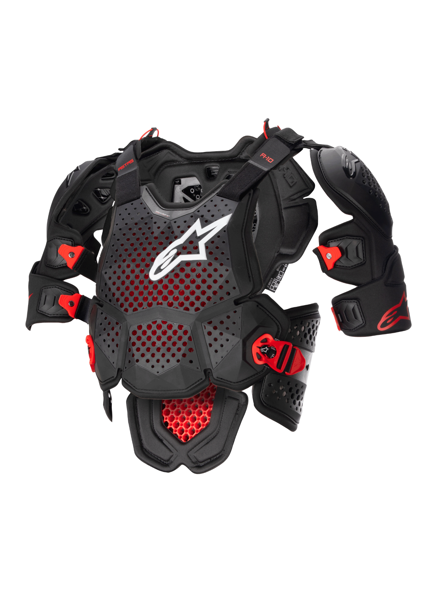 Alpinestars A-10 V2 fullt bröstskydd, motocross kroppsskydd i svart och rött, med perforerad bröstplatta, vit Alpinestars-logotyp, justerbara axelskydd och CE-certifiering
