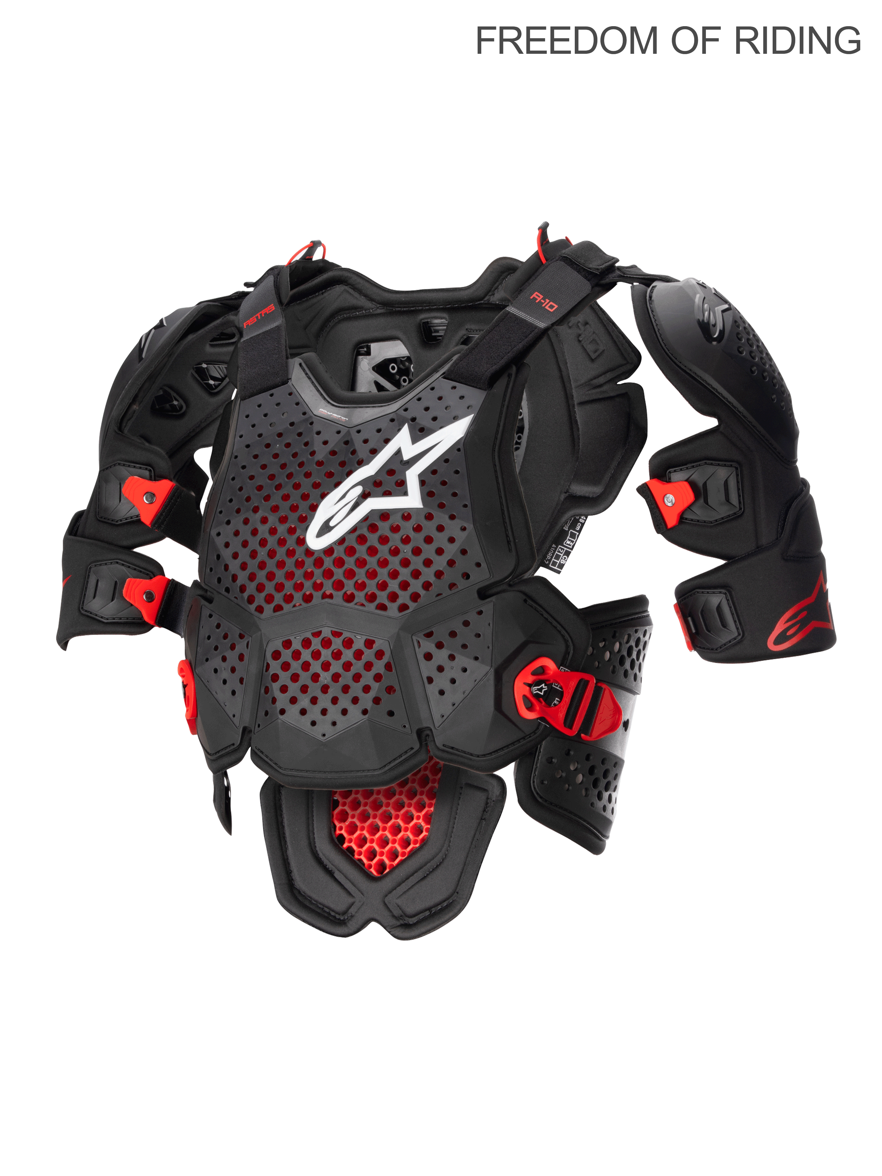 Alpinestars A-10 V2 fullt bröstskydd, skyddsutrustning för motocross och terrängkörning för herr, antracit, svart och röd, CE-nivå 2-certifierad Polyhedron Hybrid-teknologi med ventilerad struktur och integrerade axelskydd för optimalt stötskydd.