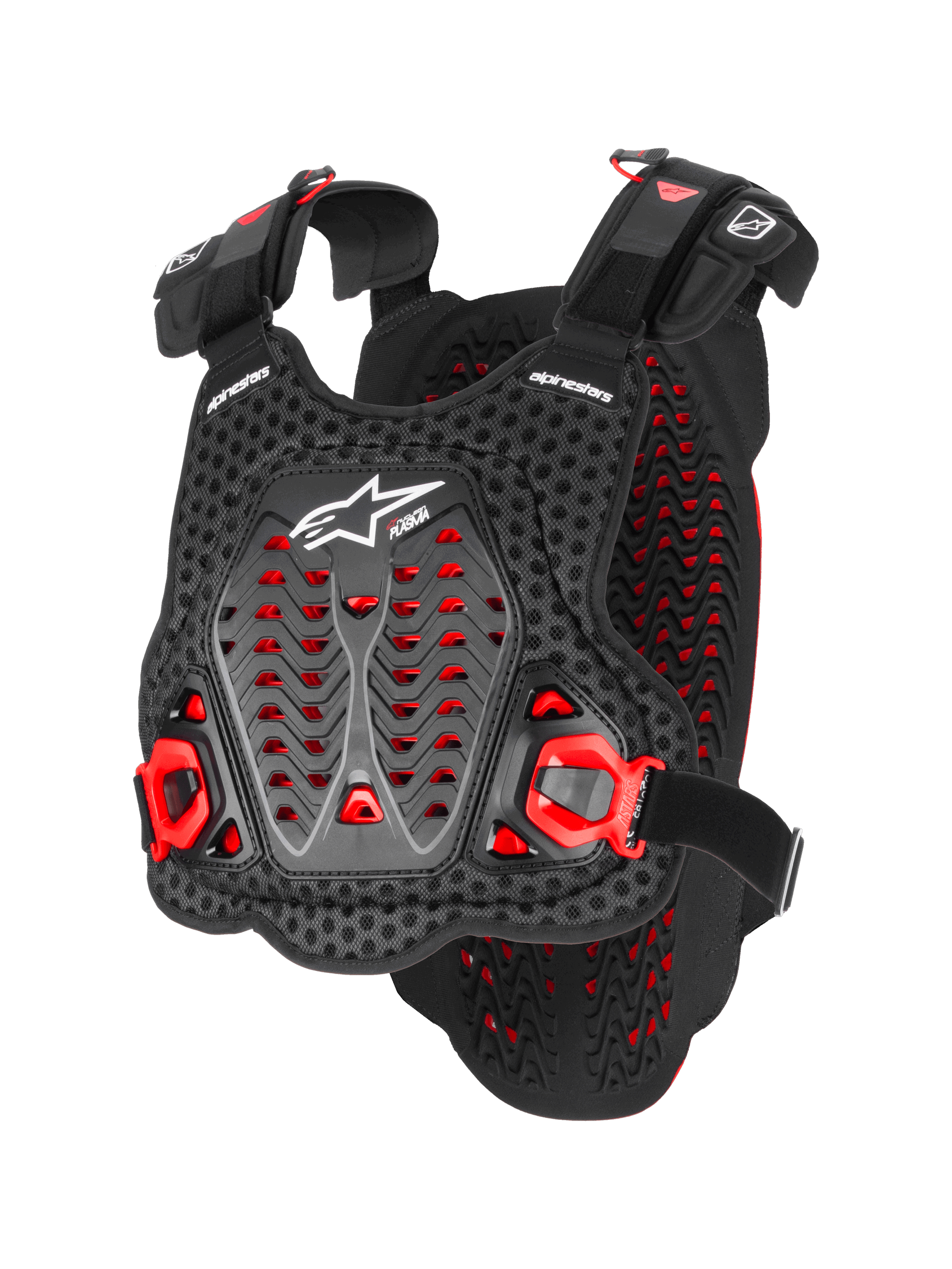 Alpinestars A-5 Plasma Chest Protector, Motocross Body Armor, Black and Red, Perforated 3D Mesh with Nucleon Plasma Material, Angular Protection Panels, Adjustable Straps, White Logo, CE Certified Safety Equipment