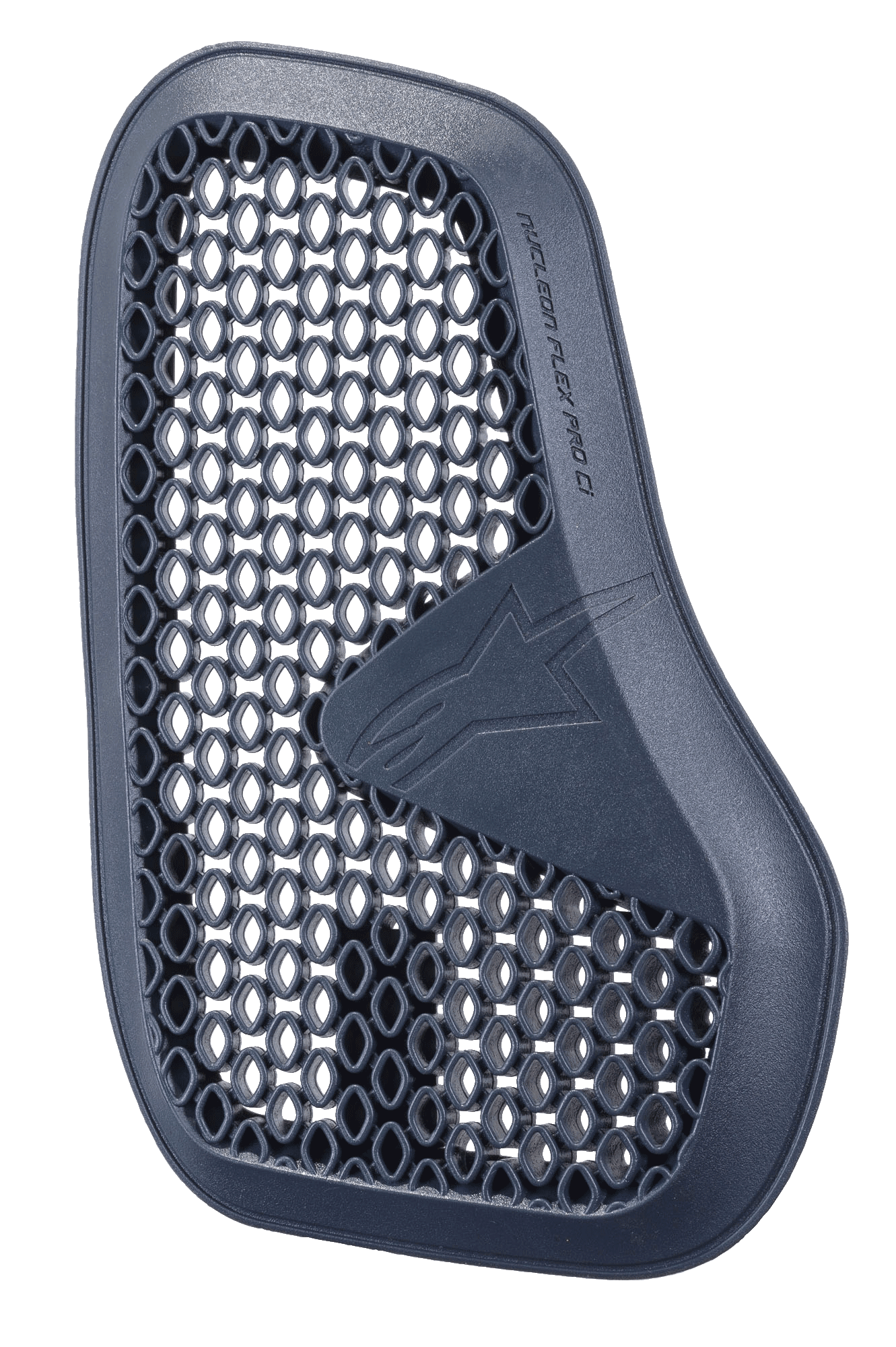 Alpinestars Nucleon Flex Pro Ci Protector, Anthracite grey motorcycle chest protector, left piece of a divided set, honeycomb mesh microstructure for ventilation and energy absorption, embossed Alpinestars logo and text, lightweight ergonomic design