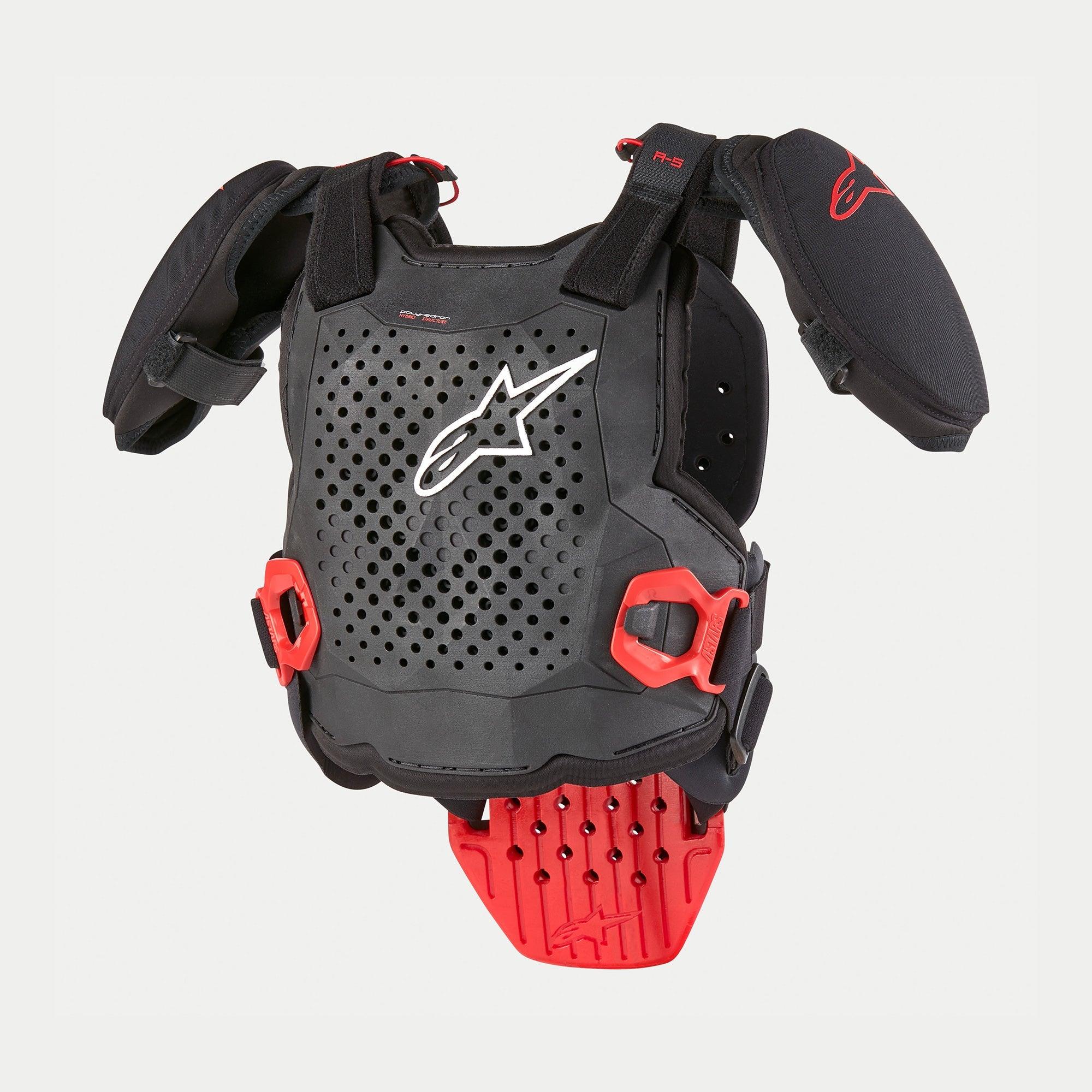 Alpinestars Youth A-5 S bröstskydd, kroppsskydd för motocross, svart, vit och röd, med en perforerad hybrid-frontplatta med vit stjärnlogotyp, röda snabbspännen och vadderade axelskydd för offroad-racing för ungdomar.