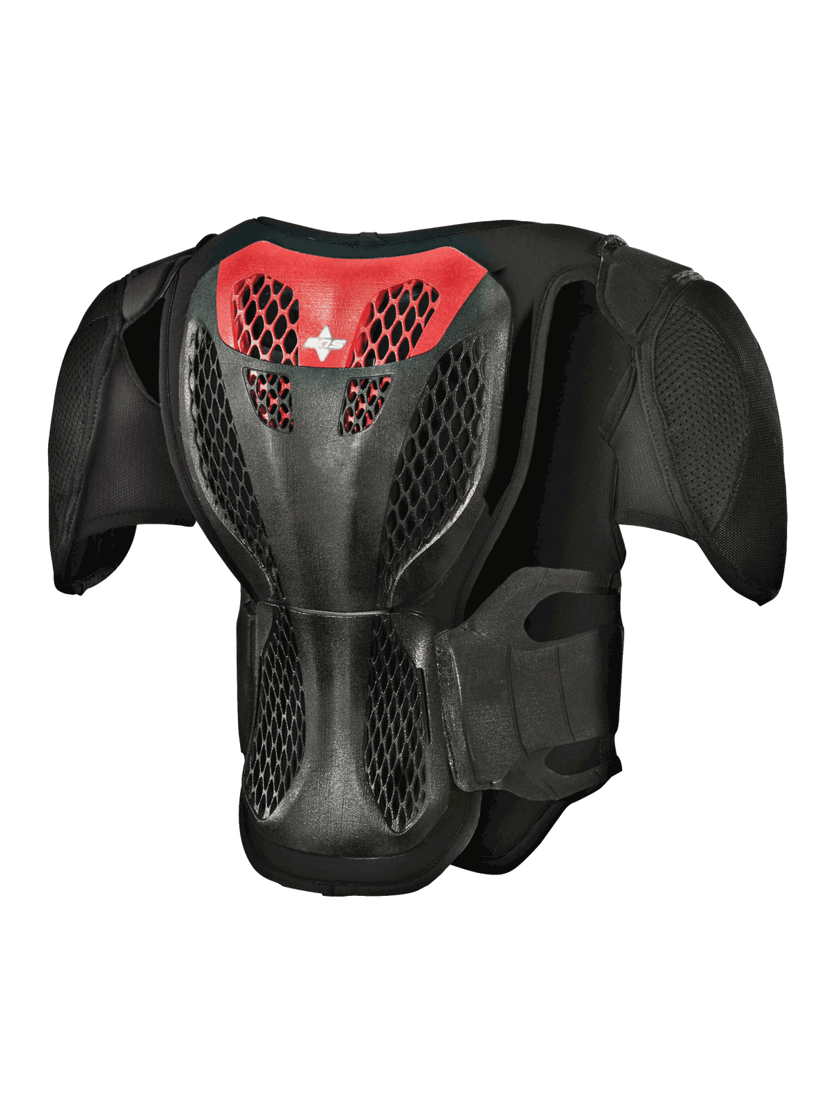 Alpinestars Youth A-5 S Body Armour, Back View, Black and Red, featuring a protective grid lattice back plate, ventilated honeycomb structure, and integrated shoulder pads for off-road motocross protection