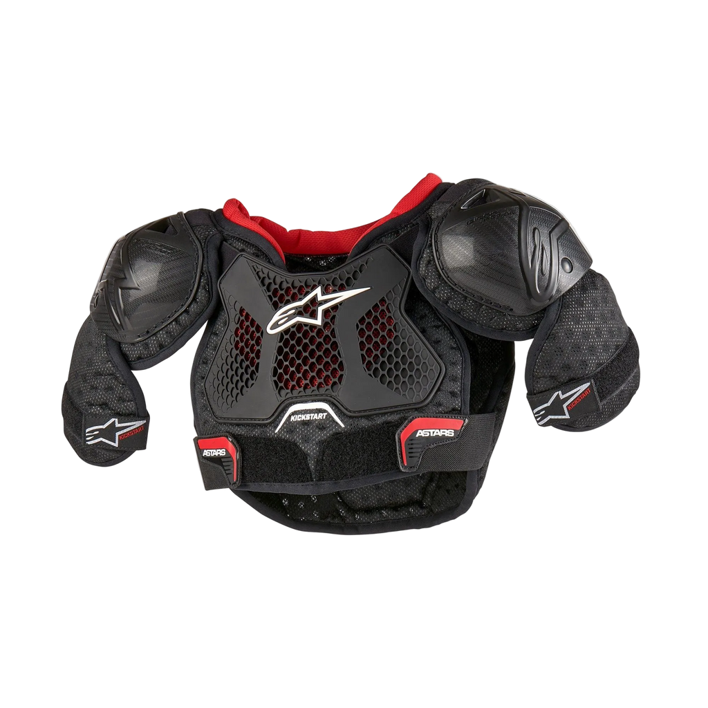 Alpinestars ungdom Bionic Action Kickstart bröstskydd, svart och rött ventilerat kroppsskydd för motocross med TPR-skydd och axelkåpor.