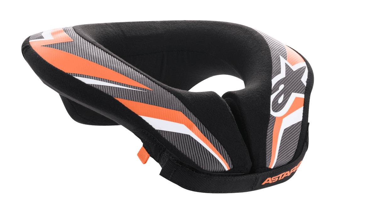 Alpinestars Youth Sequence Neck Roll, nackskydd för motocross och MTB, svart, antracit och orange, vadderad U-formad design med förlängd bakdel för stabilitet, skyddsutrustning för unga förare, med vit Alpinestars-logotyp