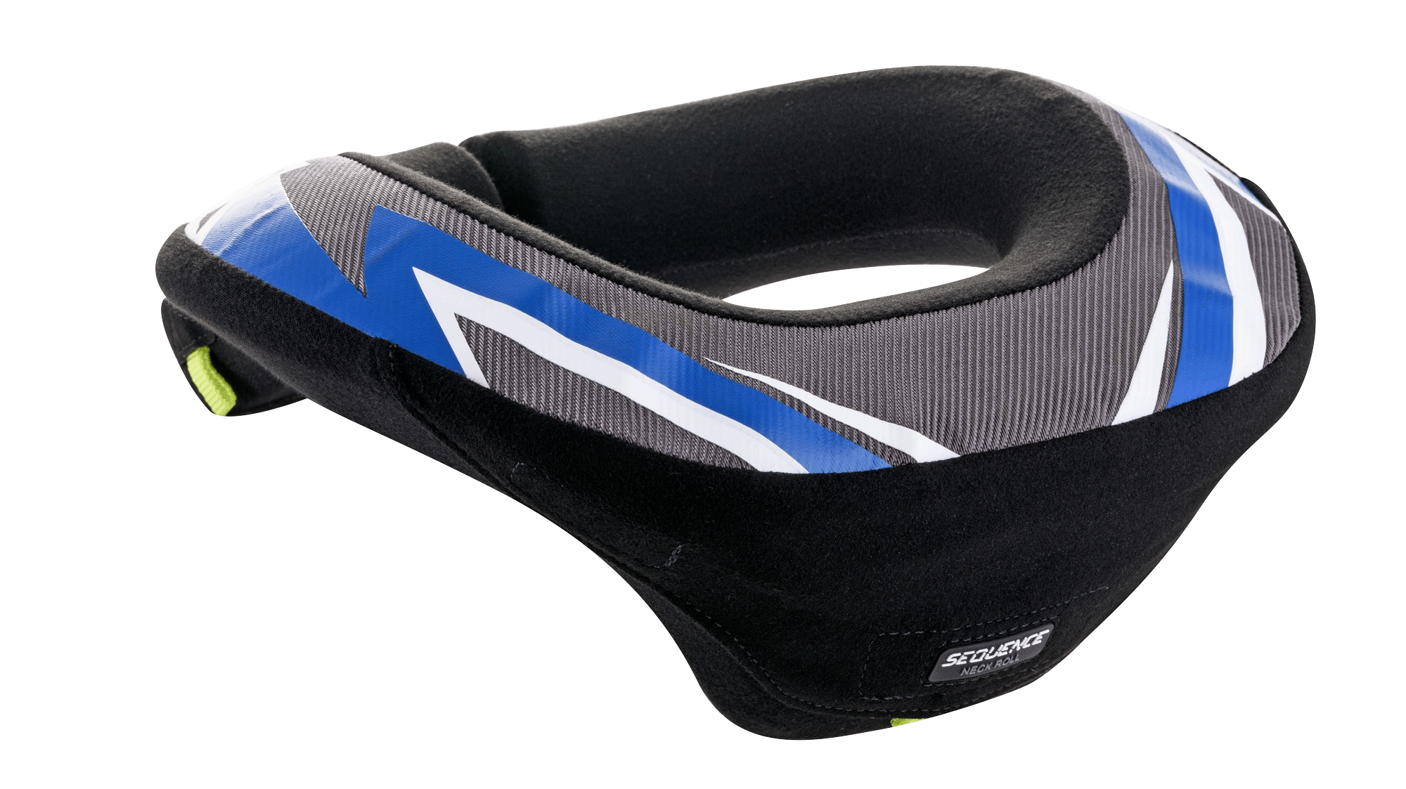 Alpinestars Youth Sequence Neck Roll, Neck Protector, Black Anthracite and Blue, ergonomic design with an extended tail for stability, grey textured panels with blue and white graphic accents, soft black inner lining, designed for youth motocross and karting safety