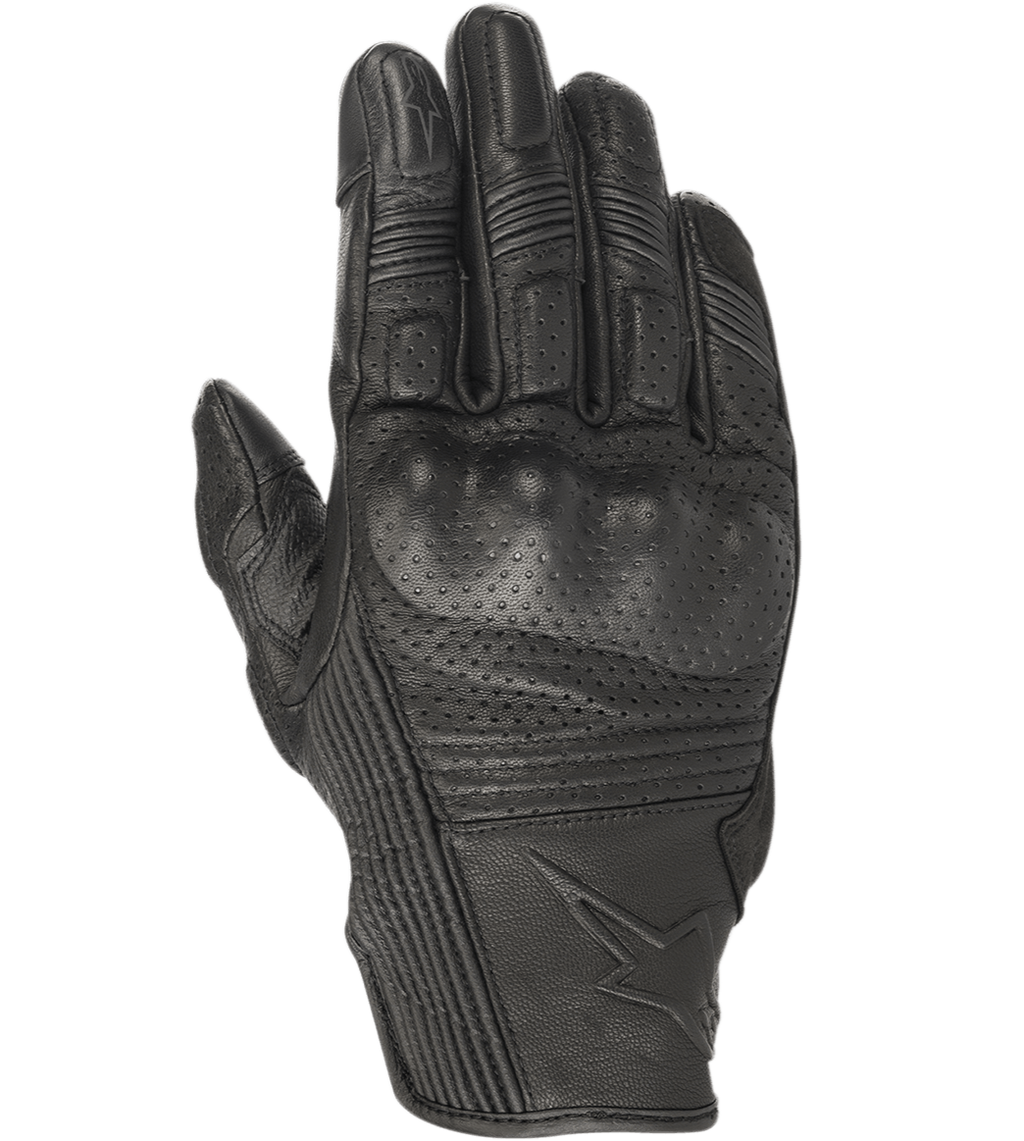 Alpinestars Mustang V2 Gloves, Black Leather Motorcycle Gloves, Perforated Design with Integrated Knuckle Protection, Accordion Stretch Panels on Fingers, Embossed Star Logo, Urban Short-Cuff Style