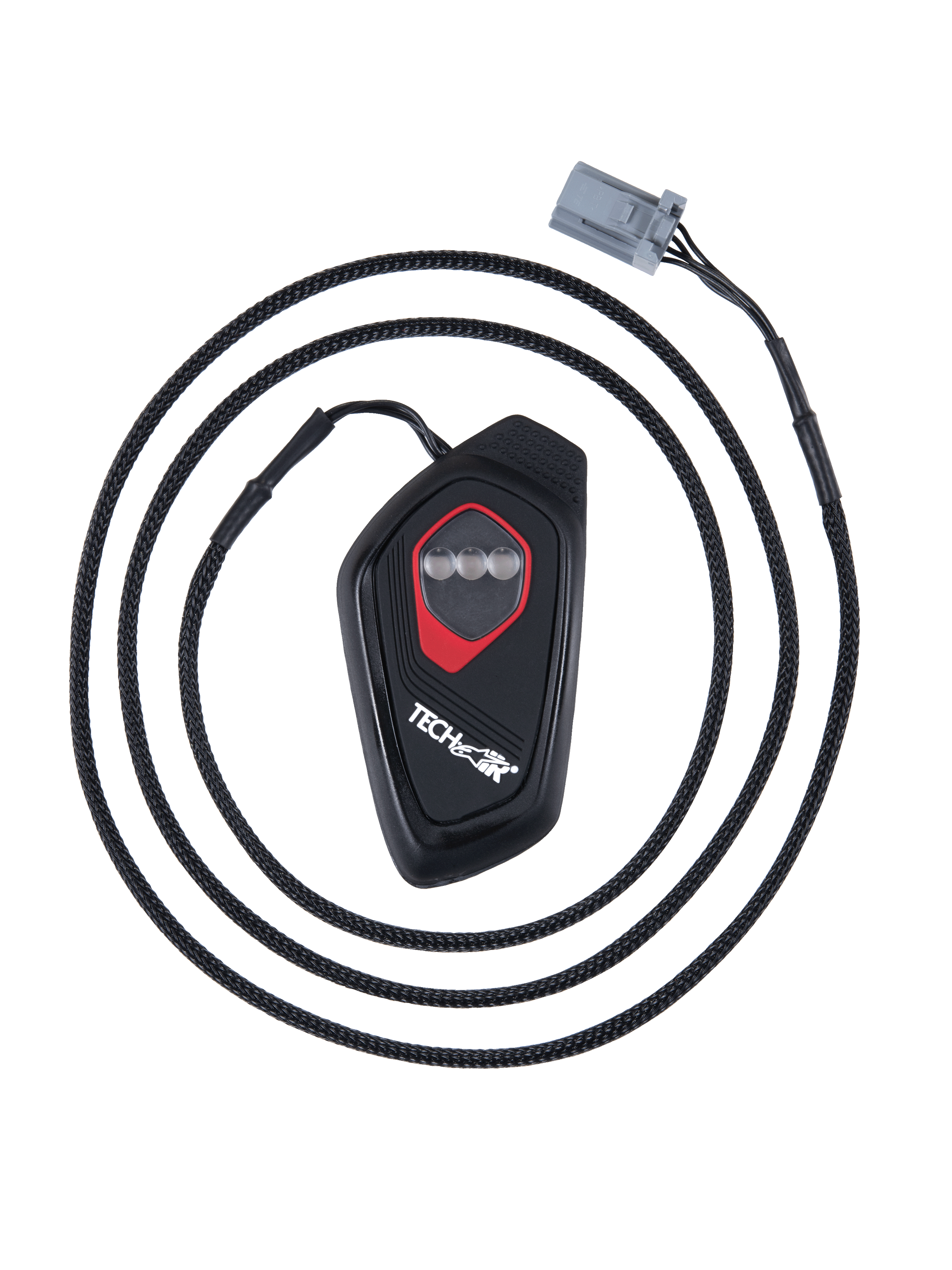 Alpinestars Tech-Air® 7X LED-display, svart droppformad elektronisk kontrollenhet med röd kontur, tre cirkulära LED-indikatorer, flätad kabel med grå kontakt, displaymodul för motorcykelairbagsystem