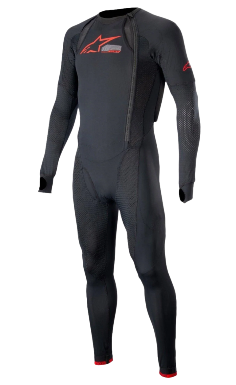 Tech-Air® 10 Race System långt tekniskt underställ, racingunderställ för herrar, svart och ljusröd, andningsbara meshpaneler och tumhål, slimmad passform för motorcykelracing under skinnställ.