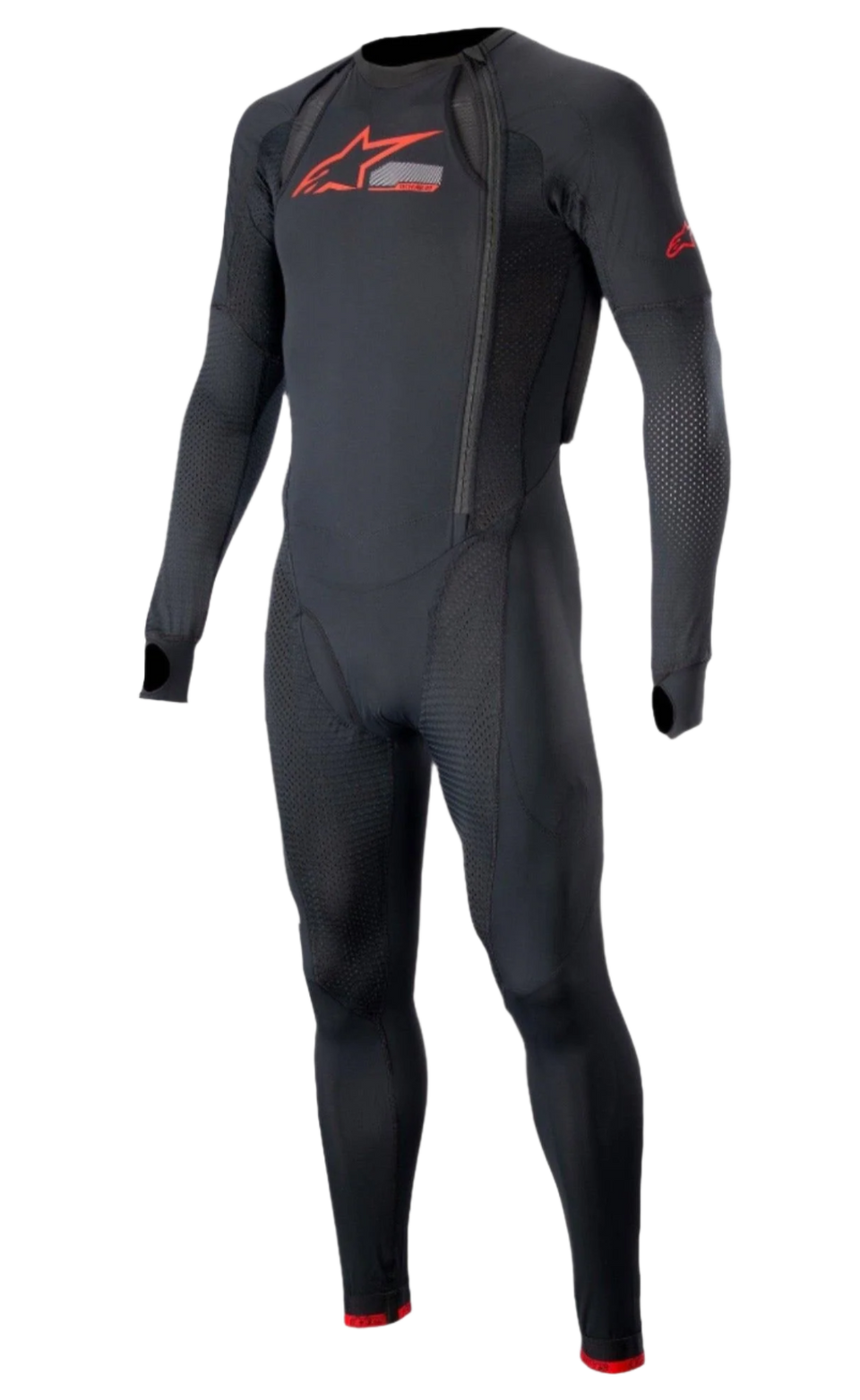 Tech-Air® 10 Race System långt tekniskt underställ, racingunderställ för herrar, svart och ljusröd, andningsbara meshpaneler och tumhål, slimmad passform för motorcykelracing under skinnställ.