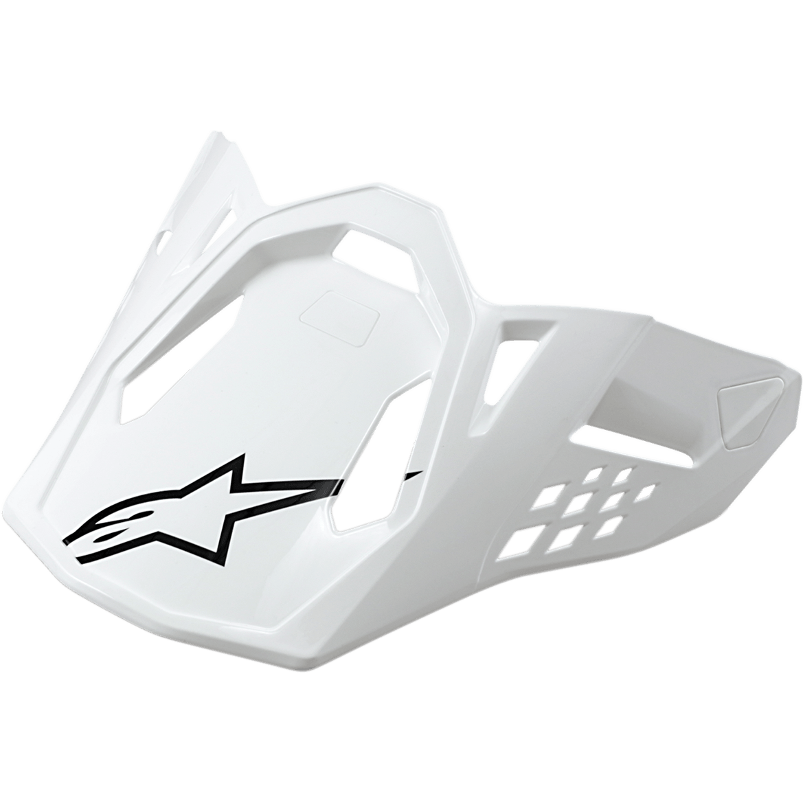 Alpinestars Supertech M10/M8 visir, motorcykelhjälmsvisir, blankvit med svart stjärnlogotyp, vinklad design med ventilationshål, aerodynamisk konstruktion