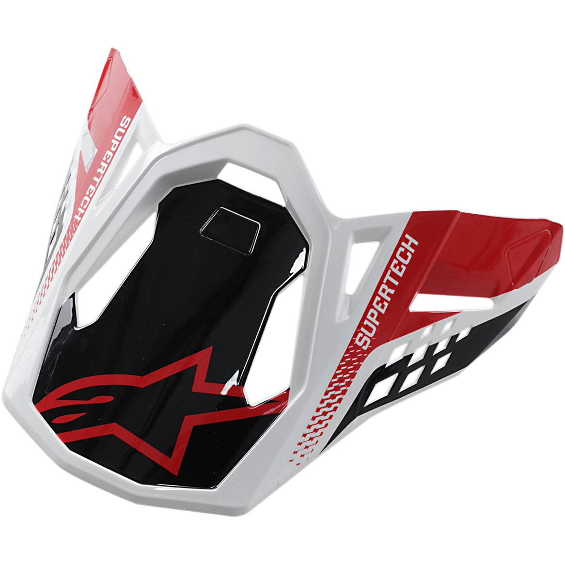 Alpinestars S-M8 Helmet Visor Triple, motocrosshjälmstillbehör, svart, röd och vit, med SUPERTECH-branding och röd Alpinestars-logotyp, vinklad geometrisk design med en blank yta, utbytesskärm för Supertech M8-offroadhjälm