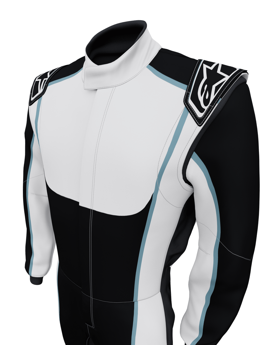Alpinestars Tech Vision V3 Custom Suit, racingoverall, svart och vit med ljusblå detaljer, axelklaffar med Alpinestars-logotyp, professionell motorsportdesign