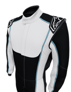 Alpinestars Tech Vision V3 skräddarsytt MC-ställ, svart och vit racingoverall med ljusblå detaljer, FIA-certifierad Nomex
