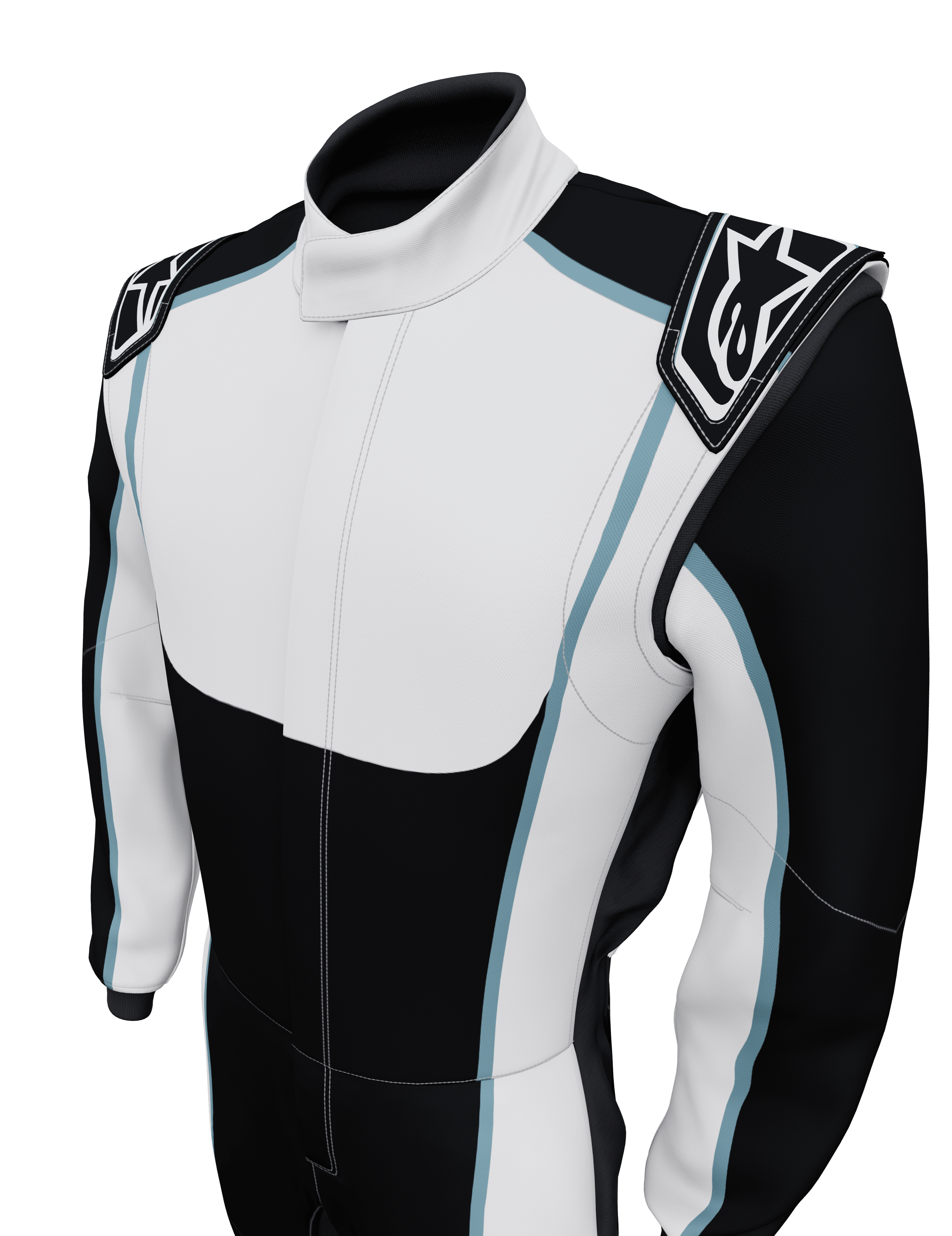 Alpinestars Tech Vision V3 skräddarsytt MC-ställ, svart och vit racingoverall med ljusblå detaljer, FIA-certifierad Nomex