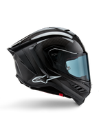 Alpinestars Supertech R10 Solid Helmet, Black Carbon Matte and Glossy, Motorcycle Racing Helmet, Carbon Fiber Construction, Side Profile, Blue Tinted Visor, Aerodynamic Design with Winglets, White Logo, High-Performance MotoGP-Level Protection