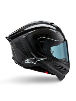 Alpinestars Supertech R10 Solid hjälm, motorcykelracinghjälm i kolfiber, sidoprofil, svart matt och blank finish, blåtonat visir, aerodynamisk design med winglets, vit logotyp, högpresterande skydd på MotoGP-nivå