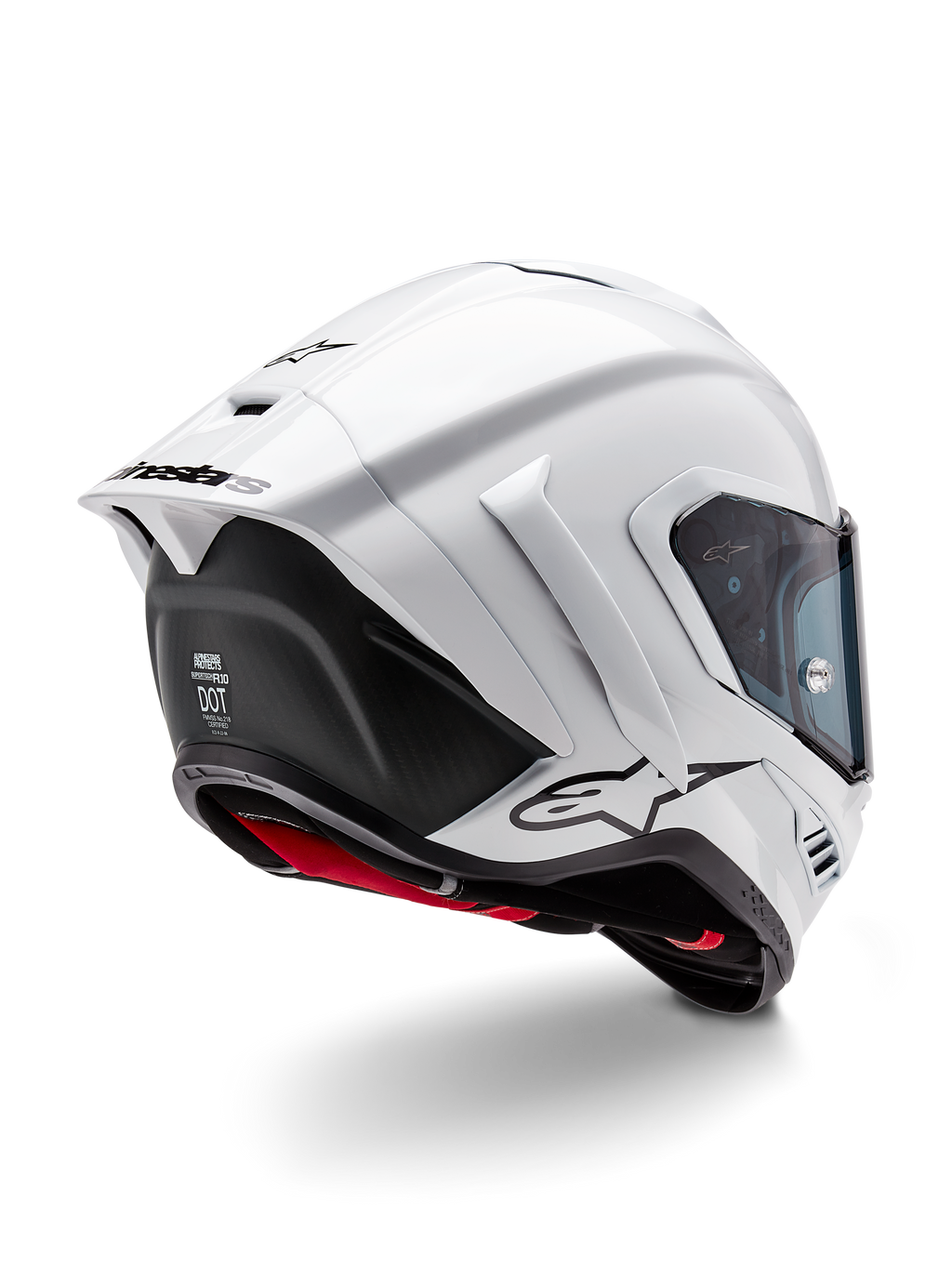 Alpinestars Supertech R10 Solid Hjälm, heltäckande racinghjälm för motorcykel, vit blank och svart matt, trekvartsvy bakifrån med aerodynamisk spoiler, sidovingar och svart logotyp