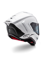 Alpinestars Supertech R10 Solid Hjälm, heltäckande racinghjälm för motorcykel, vit blank och svart matt, trekvartsvy bakifrån med aerodynamisk spoiler, sidovingar och svart logotyp