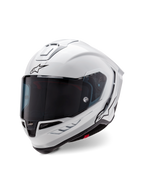 Alpinestars Supertech R10 Solid-hjälm, integralhjälm för racing, blankvit med svarta detaljer, mörkt tonat visir, aerodynamisk skaldesign och Alpinestars-logotyp på framsidan och sidan