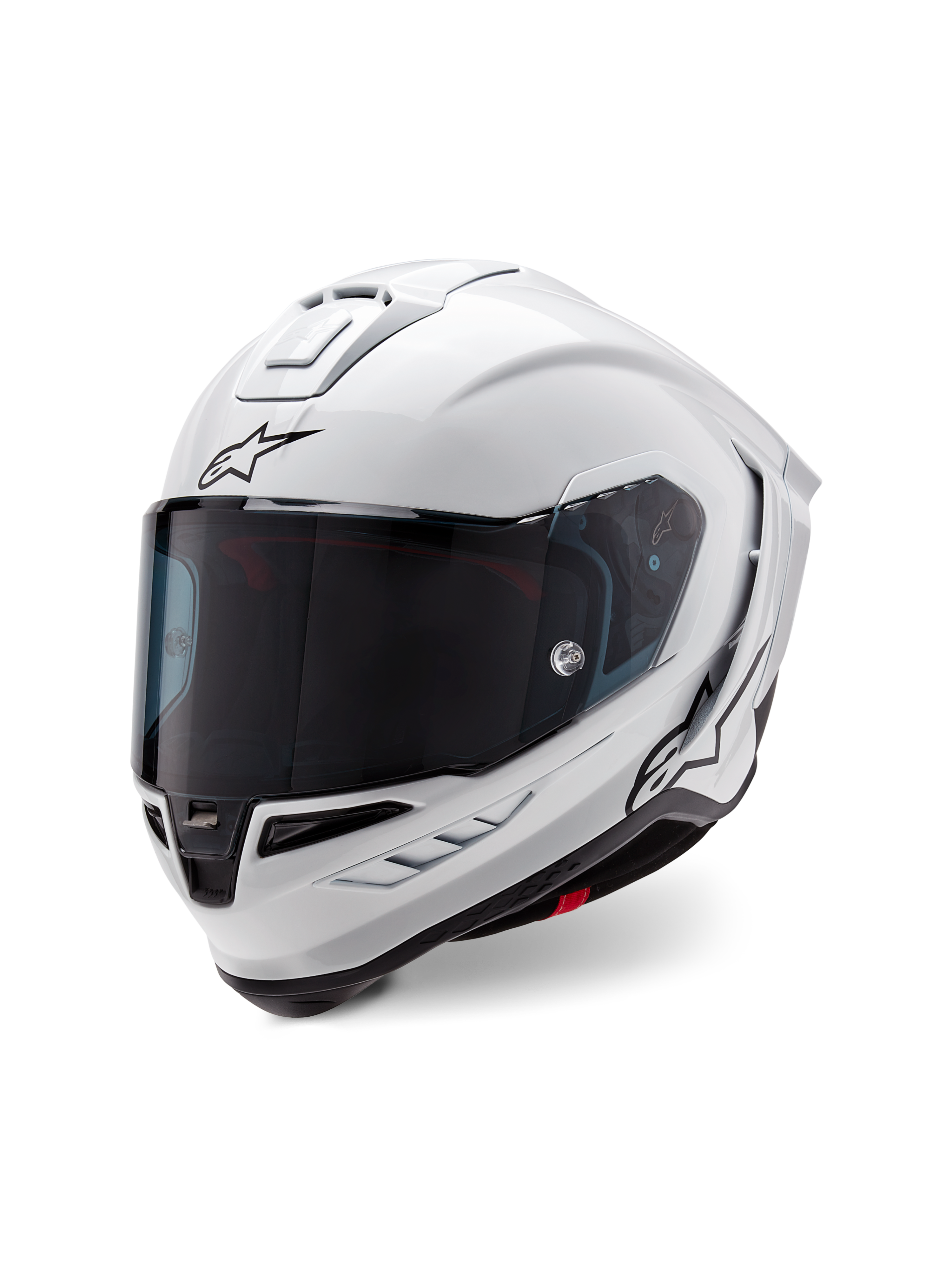 Alpinestars Supertech R10 Solid-hjälm, integralhjälm för racing, blankvit med svarta detaljer, mörkt tonat visir, aerodynamisk skaldesign och Alpinestars-logotyp på framsidan och sidan