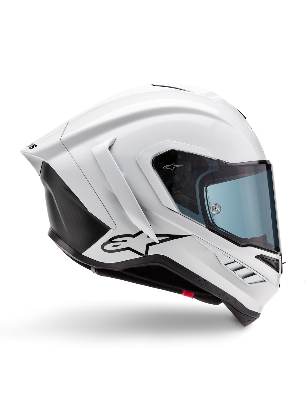 Alpinestars Supertech R10 Solid hjälm, vit glansig och svart matt motorcykelracinghjälm, sidoprofil, aerodynamisk design med bakre vingar och sidoventiler, blåtonat visir, svart Alpinestars-stjärnlogotyp på sidan