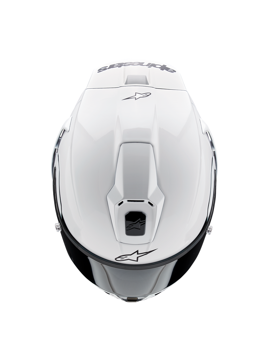 Alpinestars Supertech R10 Solid-hjälm, integralhjälm för motorcykel, blank vit, vy uppifrån som framhäver aerodynamiska ventiler och svarta Alpinestars-logotyper, strömlinjeformad racinginspirerad profil.