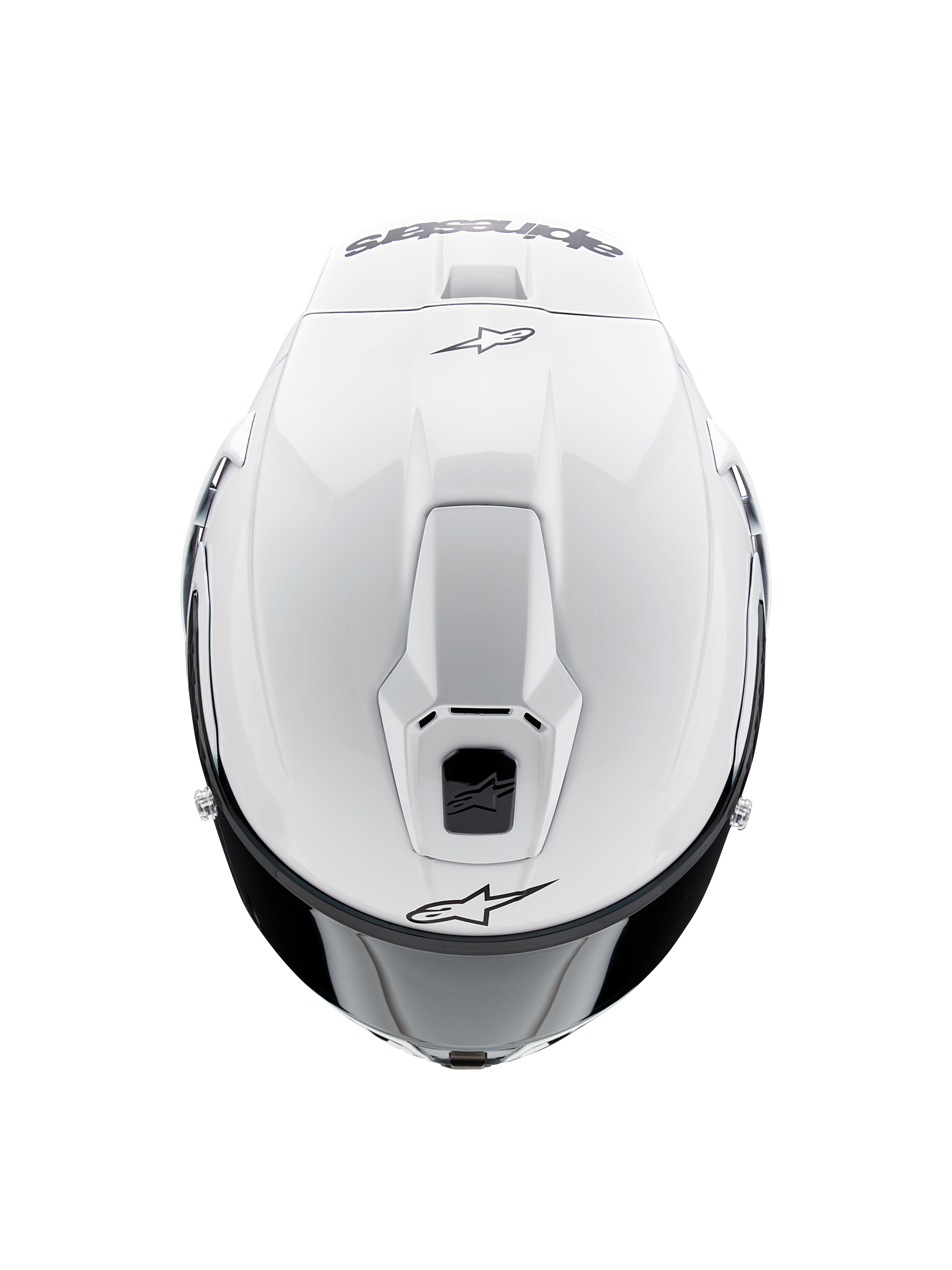 Alpinestars Supertech R10 Solid-hjälm, integralhjälm för motorcykel, blank vit, vy uppifrån som framhäver aerodynamiska ventiler och svarta Alpinestars-logotyper, strömlinjeformad racinginspirerad profil.