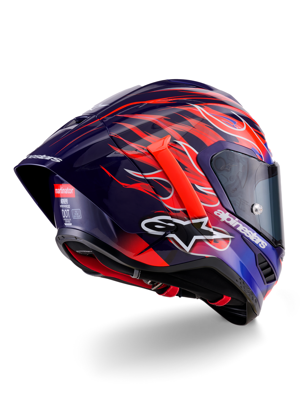 Alpinestars Supertech R10 Limited Edition Flyte-hjälm, integrallhjälm för racing, blank djuplila och blå med orange och röd flammgrafik, vit Alpinestars-logotyp, aerodynamisk bakspoiler, högpresterande huvudskydd för motorsport