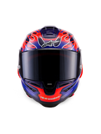 Alpinestars Supertech R10 Limited Edition Flyte-hjälm, integralhjälm för racing, vy framifrån, lila och orange flammotiv, mörkt tonat visir, aerodynamisk design för högpresterande körning