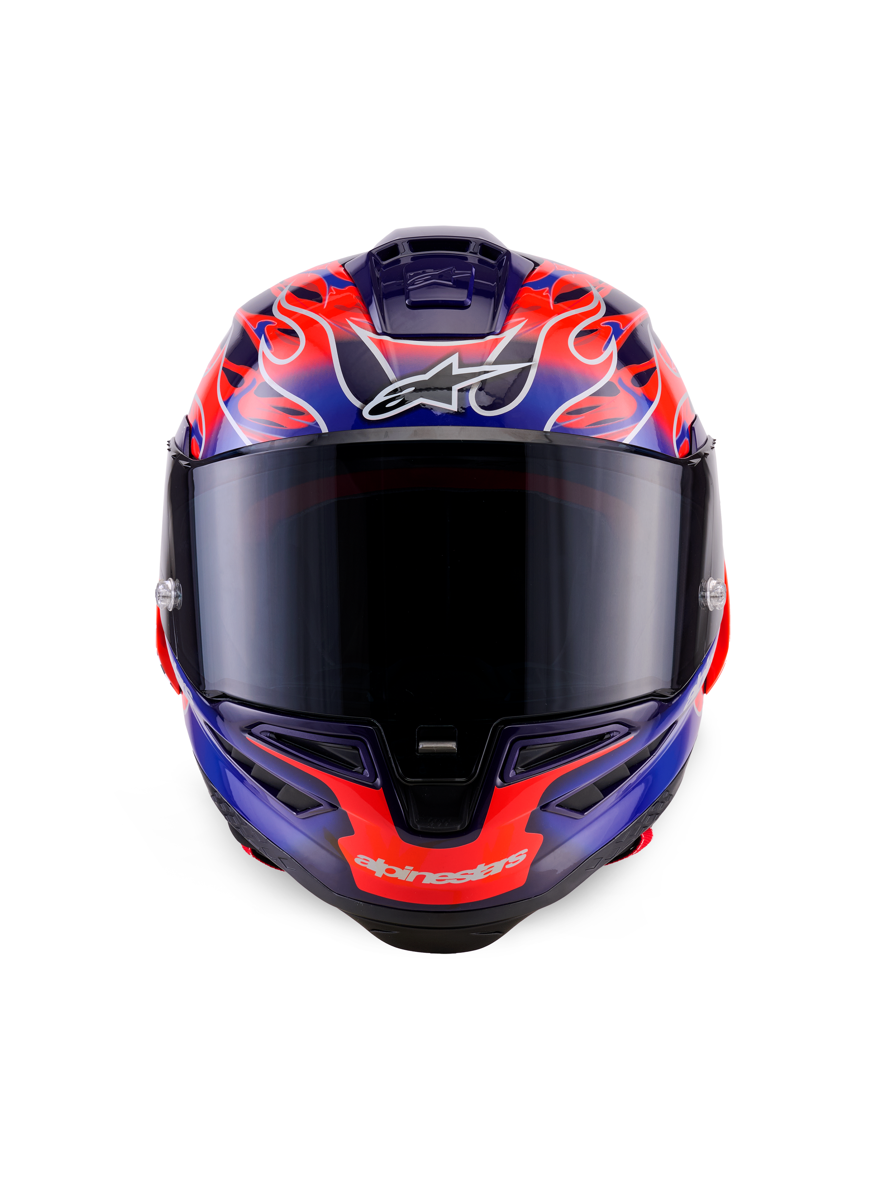 Alpinestars Supertech R10 Limited Edition Flyte-hjälm, integralhjälm för racing, vy framifrån, lila och orange flammotiv, mörkt tonat visir, aerodynamisk design för högpresterande körning