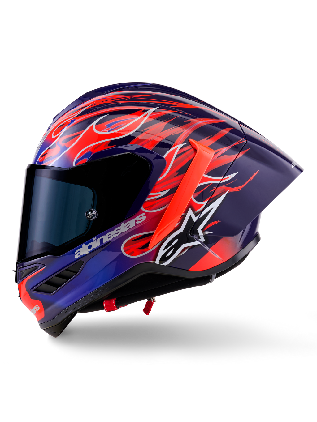 Alpinestars Supertech R10 Limited Edition Flyte-hjälm, heltäckande racinghjälm, glansig lila och röd med flammotiv, utrustad med mörkt tonat visir och aerodynamisk bakspoiler