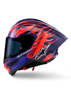 Alpinestars Supertech R10 Limited Edition Flyte-hjälm, heltäckande racinghjälm, glansig lila och röd med flammotiv, utrustad med mörkt tonat visir och aerodynamisk bakspoiler