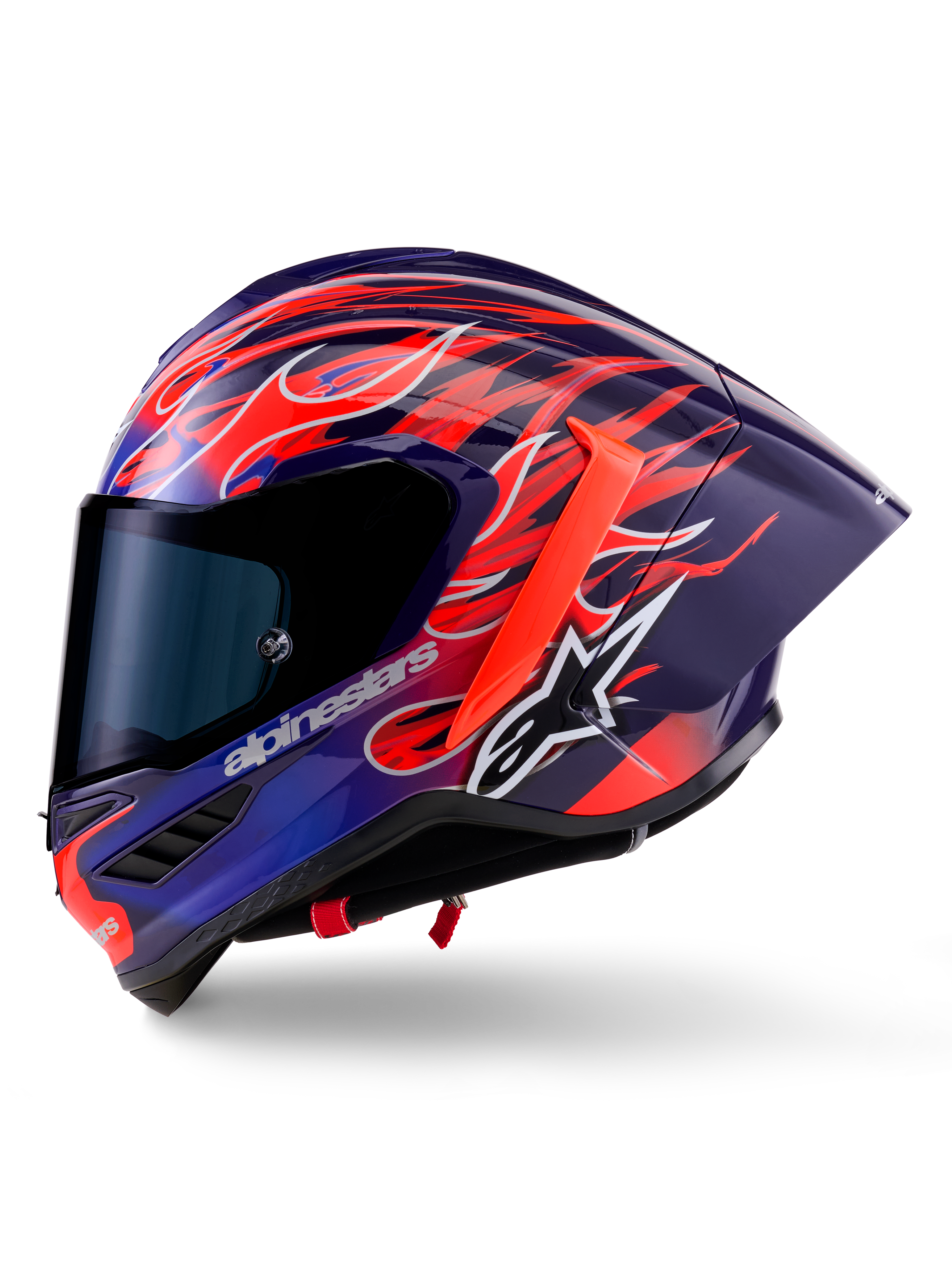 Alpinestars Supertech R10 Limited Edition Flyte-hjälm, heltäckande racinghjälm, glansig lila och röd med flammotiv, utrustad med mörkt tonat visir och aerodynamisk bakspoiler