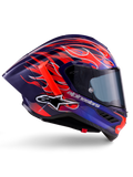 Alpinestars Supertech R10 Limited Edition Flyte-hjälm, Purple Red Glossy, integralhjälm för motorcykel med mörkblå och lila bas och livfulla orangea och röda flammotiv, aerodynamisk profil med röd bakre spoiler och mörkt rökfärgat visir, professionell racingutrustning
