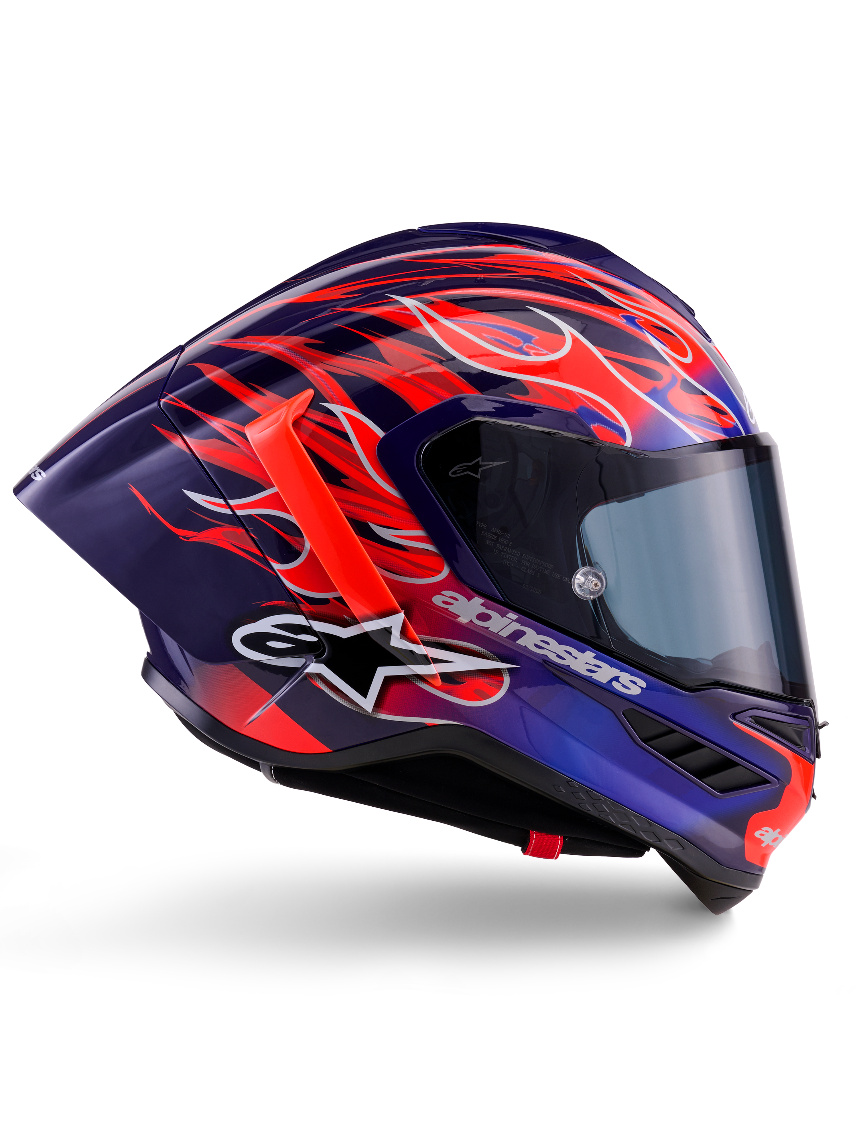 Alpinestars Supertech R10 Limited Edition Flyte-hjälm, Purple Red Glossy, integralhjälm för motorcykel med mörkblå och lila bas och livfulla orangea och röda flammotiv, aerodynamisk profil med röd bakre spoiler och mörkt rökfärgat visir, professionell racingutrustning