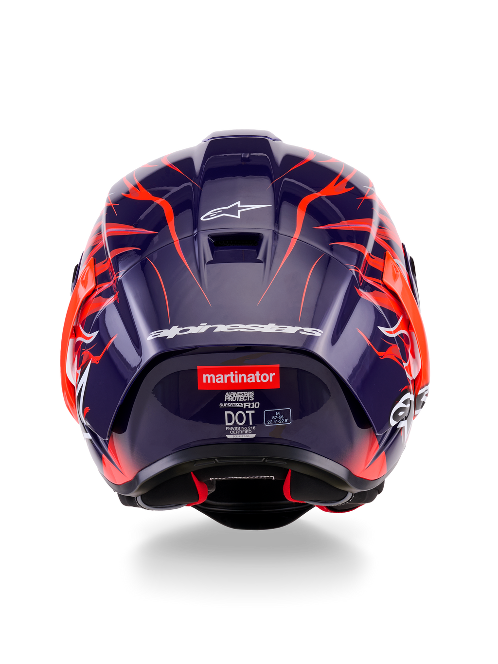 Vy bakifrån av Alpinestars Supertech R10 Limited Edition Flyte-hjälm, mörklila glansigt skal med livfull orange flammgrafik, vit Alpinestars-logotyp och 'martinator'-logotyp på baksidan.