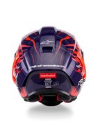 Vy bakifrån av Alpinestars Supertech R10 Limited Edition Flyte-hjälm, mörklila glansigt skal med livfull orange flammgrafik, vit Alpinestars-logotyp och 'martinator'-logotyp på baksidan.