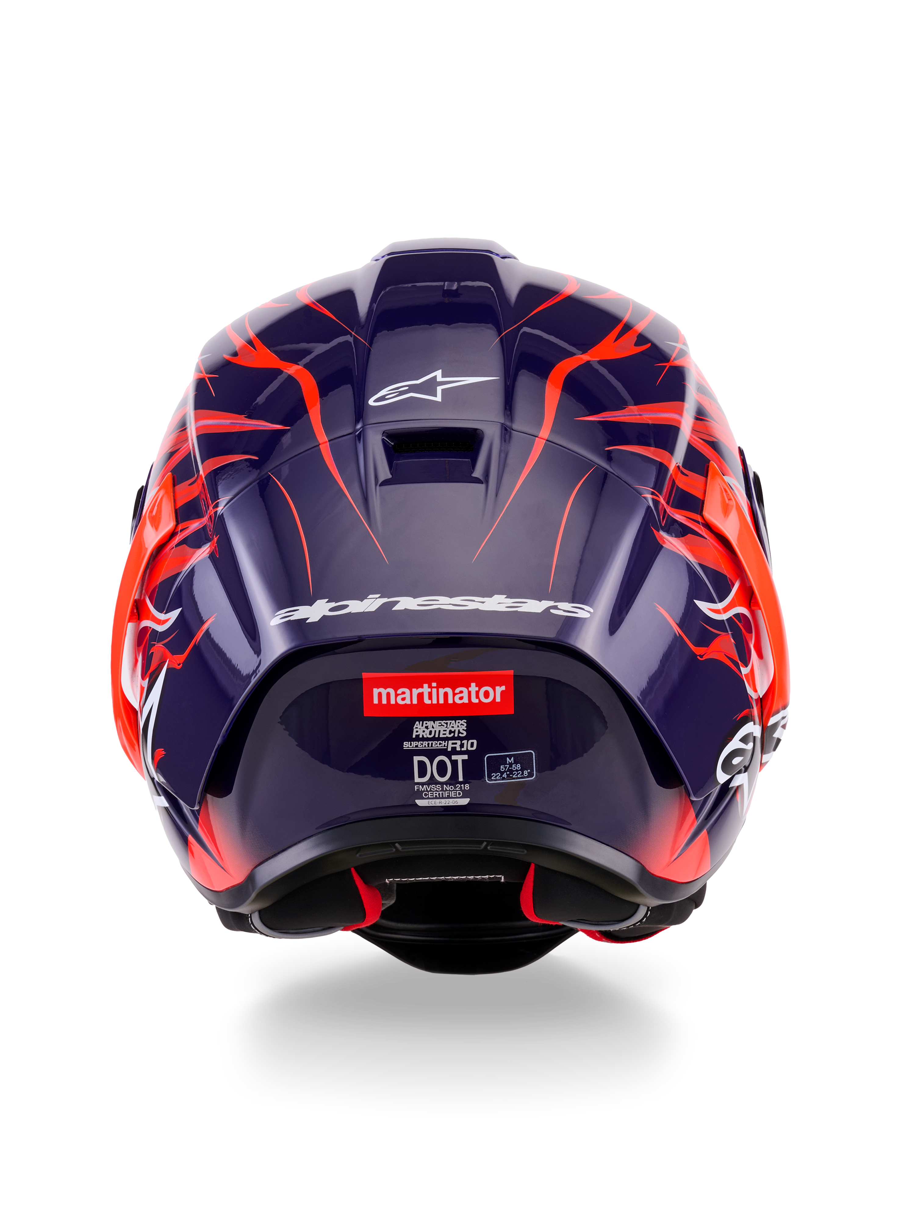 Vy bakifrån av Alpinestars Supertech R10 Limited Edition Flyte-hjälm, mörklila glansigt skal med livfull orange flammgrafik, vit Alpinestars-logotyp och 'martinator'-logotyp på baksidan.