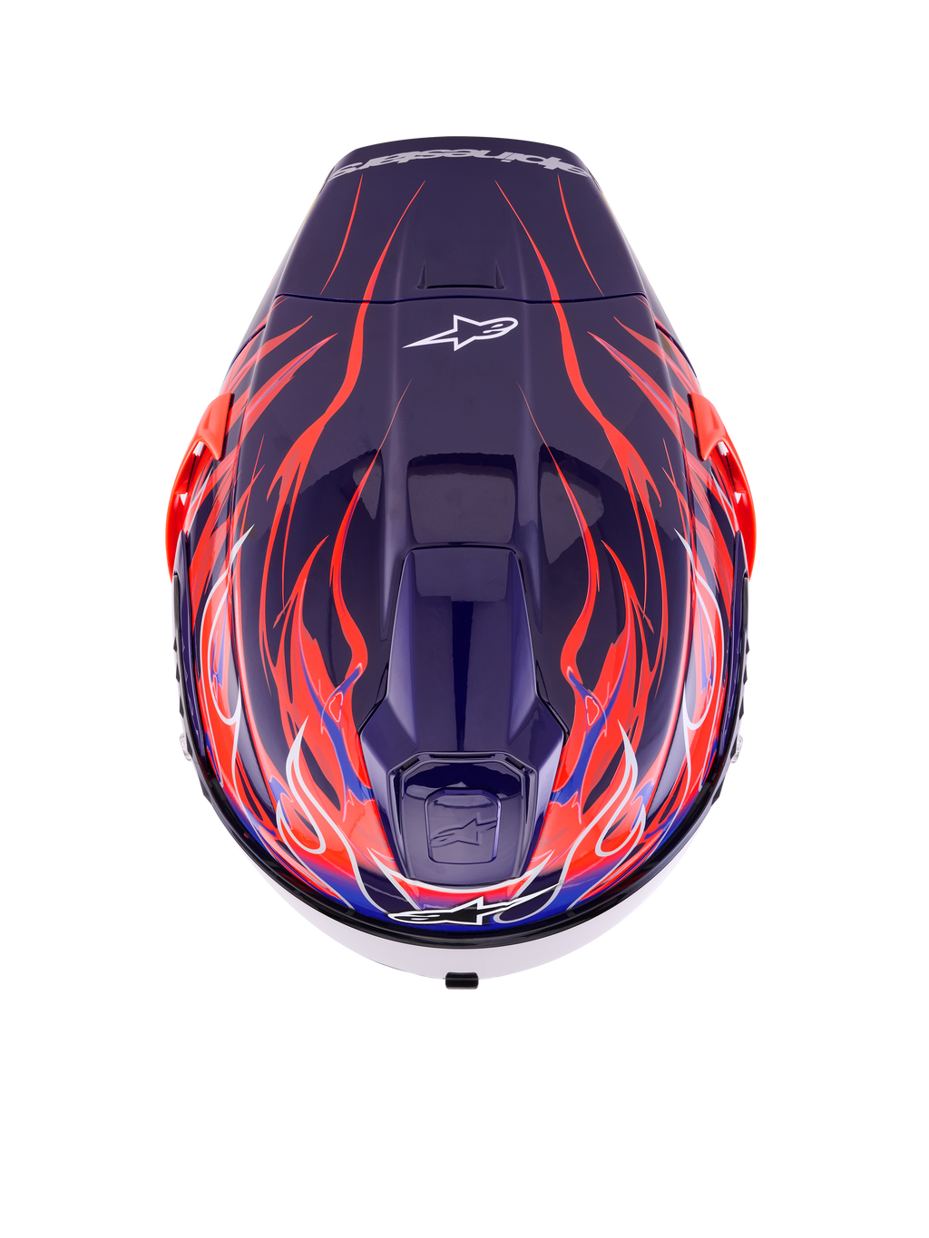 Alpinestars Supertech R10 Limited Edition Flyte-hjälm, integralhjälm för racing, Purple Red Glossy med djupblå och intensivt orange flammotiv, vy ovanifrån som visar hjässventiler och Alpinestars-logotyp, professionell aerodynamisk design för högpresterande körning